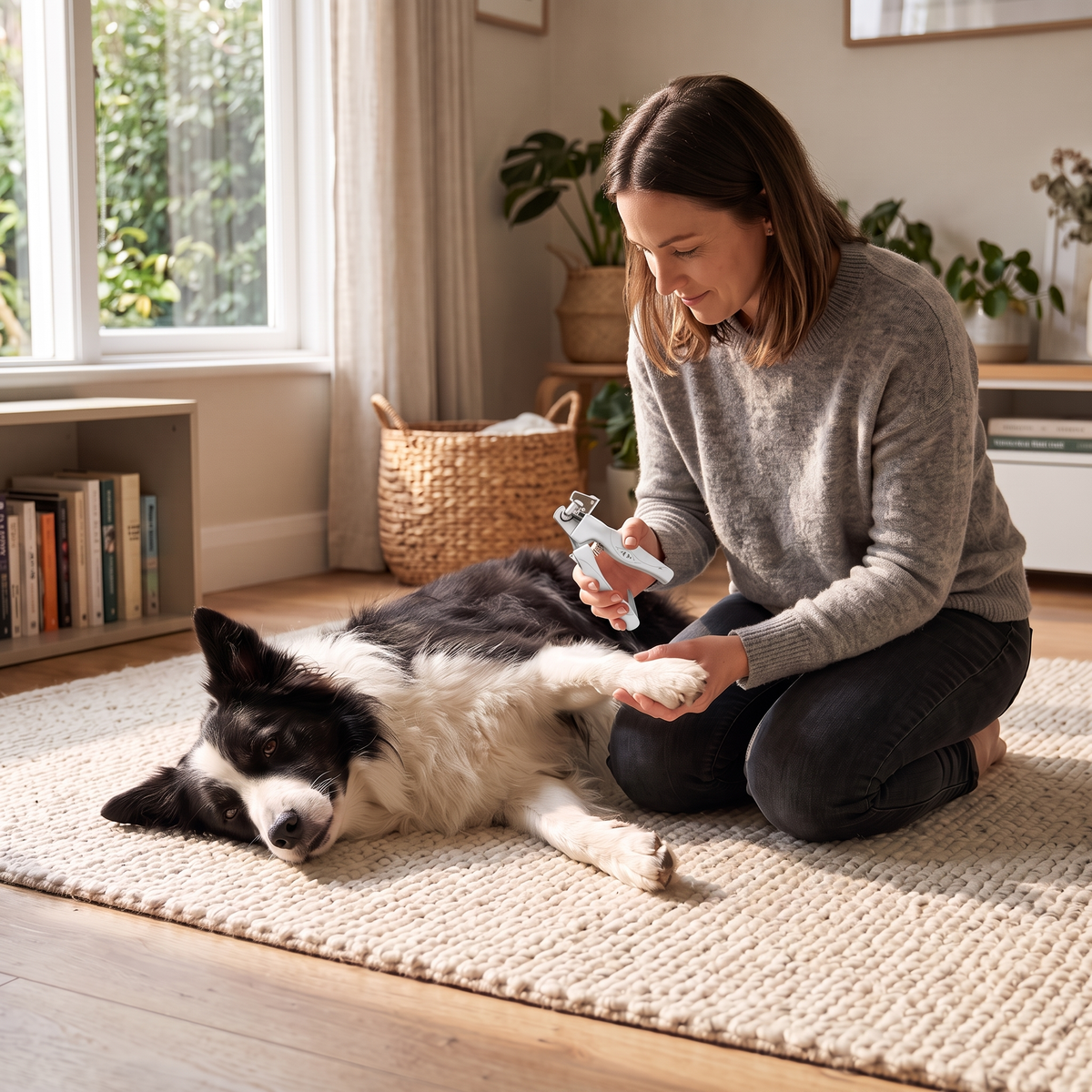 woman trimming her border collie's nails with mypawz safetrim LED clippers on a rug at home