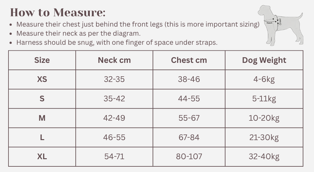 mypawz nopull pro harness size chart with neck and chest measurements for xs, s, m, l and xl