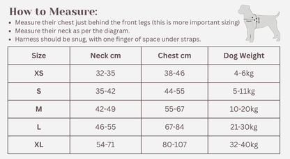 mypawz nopull pro harness size chart with neck and chest measurements for xs, s, m, l and xl