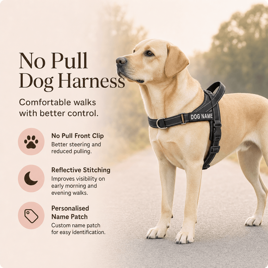 mypawz nopull pro harness in black with personalised name patch, front and back d rings and reflective stitching