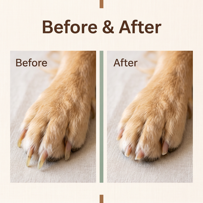 before and after comparison of a dog's overgrown claws neatly trimmed with LED nail clippers