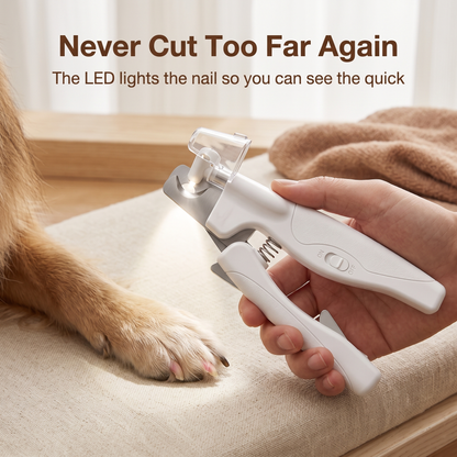 LED light on the mypawz safetrim clippers illuminating a dog's claw to show the quick before cutting