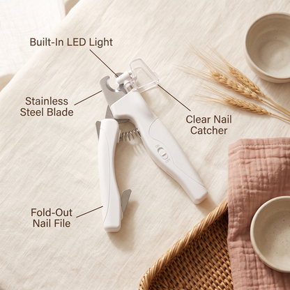 mypawz safetrim LED nail clipper features: built-in LED light, stainless steel blade, clear nail catcher and fold-out nail file