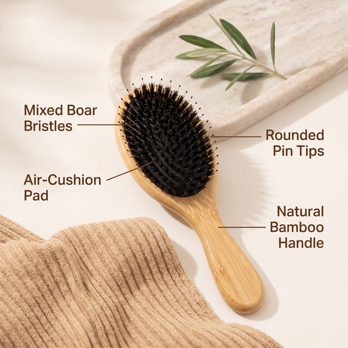 bamboo boar bristle dog brush showing mixed boar bristles, air-cushion pad, natural bamboo handle and rounded pin tips