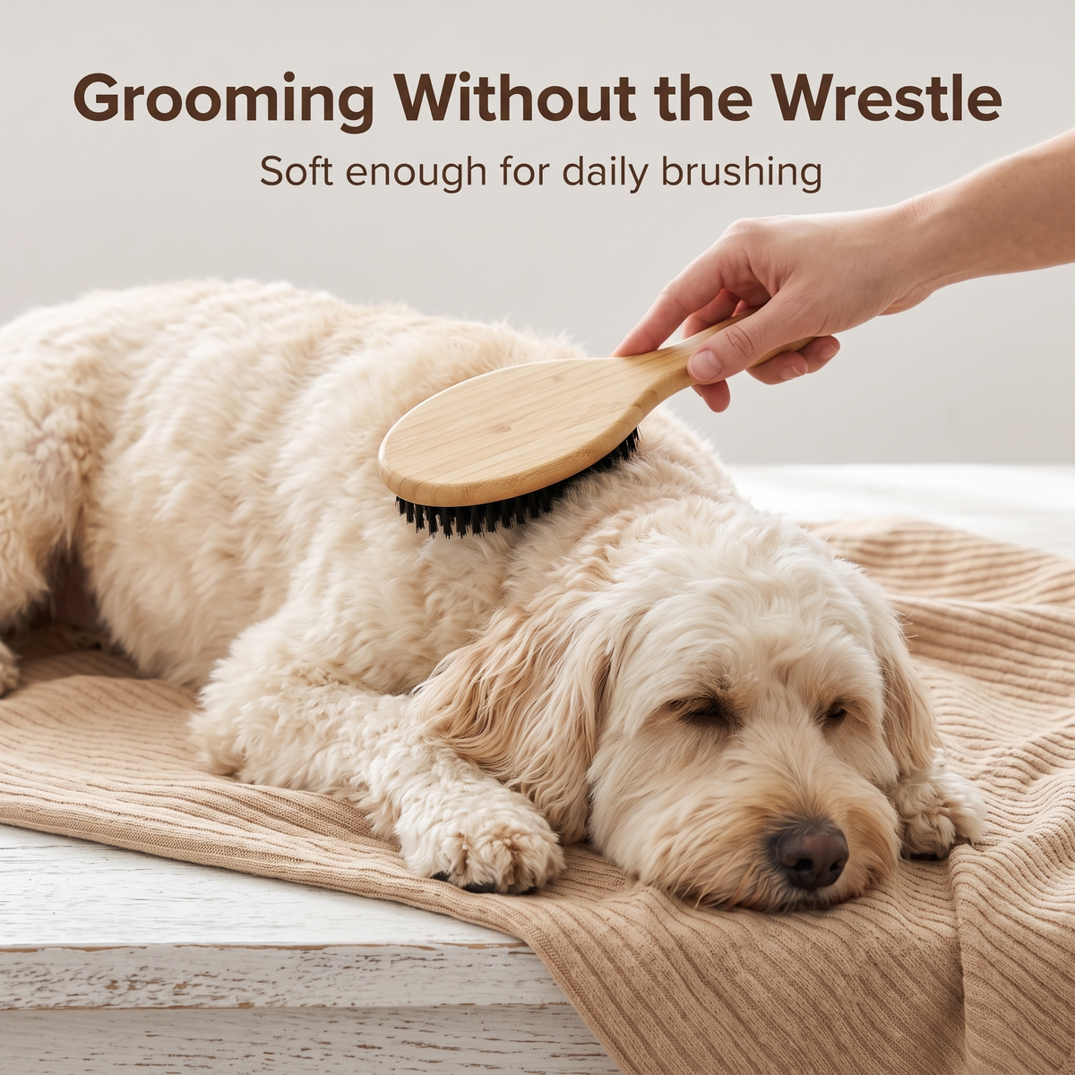 mypawz calmcoat boar bristle brush drawn through the coat of a cream groodle lying settled on a knitted throw, soft enough for daily brushing