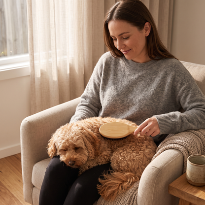 woman brushing her cavoodle with the mypawz calmcoat bamboo boar bristle brush in an armchair