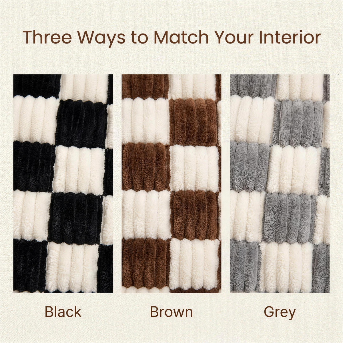 mypawz plush backseat bed checkered plush shown close up in black, brown and grey colourways