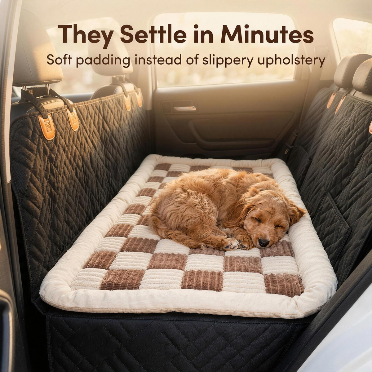 cavoodle curled up asleep on the mypawz plush backseat bed over a cleanride hard bottom seat extender