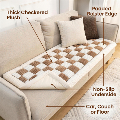 mypawz plush backseat bed on a lounge showing thick checkered plush, padded bolster edge, non slip underside and use in car, couch or floor
