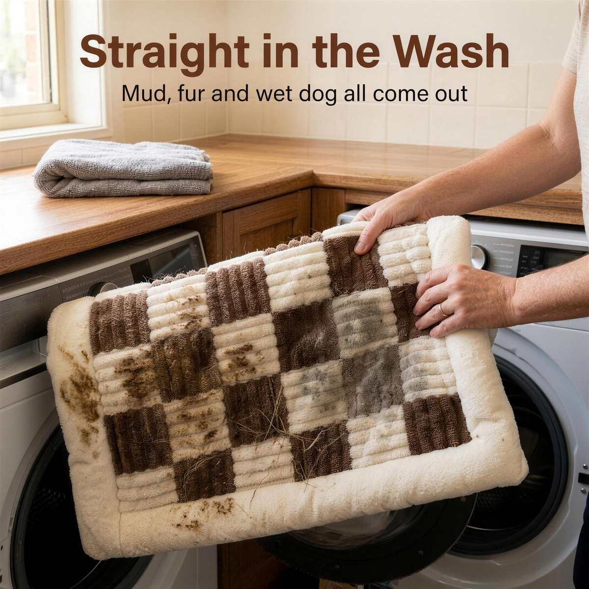 muddy mypawz plush backseat bed being folded into a front loading washing machine
