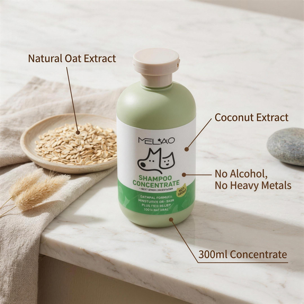 mypawz soothing oatmeal shampoo features: natural oat extract, coconut extract, no alcohol or heavy metals, 300ml concentrate
