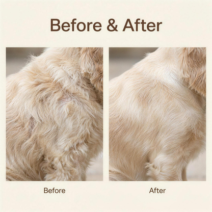 before and after of a dog's coat, dry and dull then soft and settled after washing with oatmeal shampoo