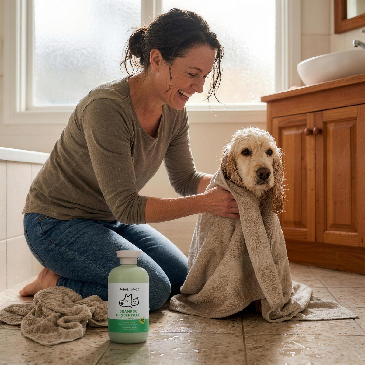 woman wrapping her freshly washed cocker spaniel in a linen towel with the mypawz oatmeal shampoo on the bathroom floor beside her