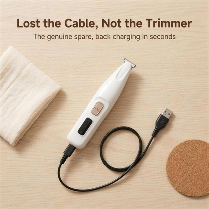 mypawz replacement charging cable plugged into the pawfect trimmer on a timber board