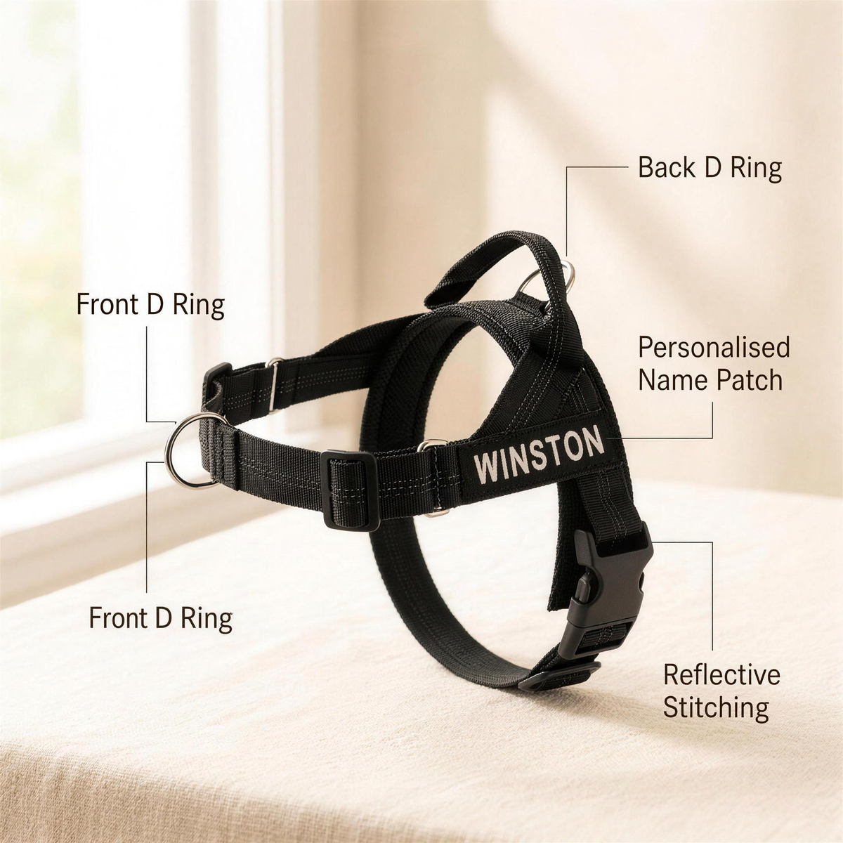 mypawz nopull pro harness features: front d ring, back d ring, personalised name patch and reflective stitching