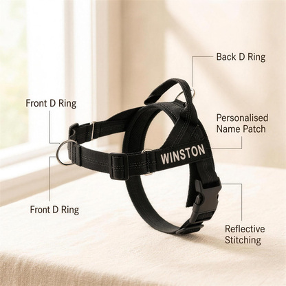 mypawz nopull pro harness features: front d ring, back d ring, personalised name patch and reflective stitching