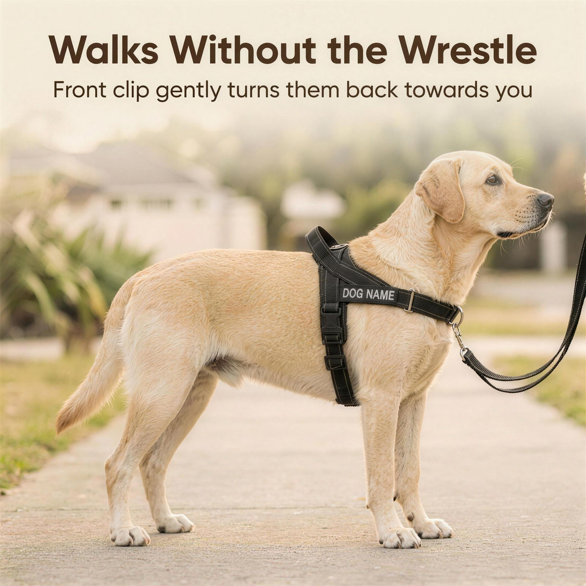 yellow labrador walking calmly on a loose lead wearing the black mypawz nopull pro harness