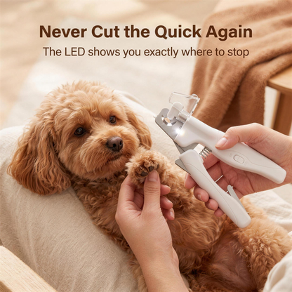 mypawz safetrim LED nail clippers trimming a calm cavoodle's claw at home